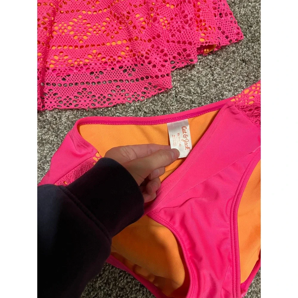 Cat & Jack Girls Neon Pink Orange Crochet Ruffle Bikini Set Size XL 14/16